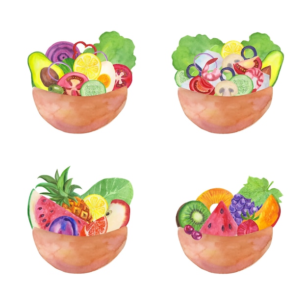 Vettore gratuito ciotole per frutta e insalata stile acquerello