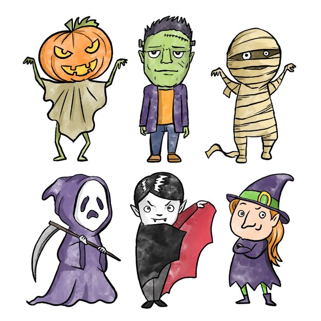 Watercolor style halloween character collection