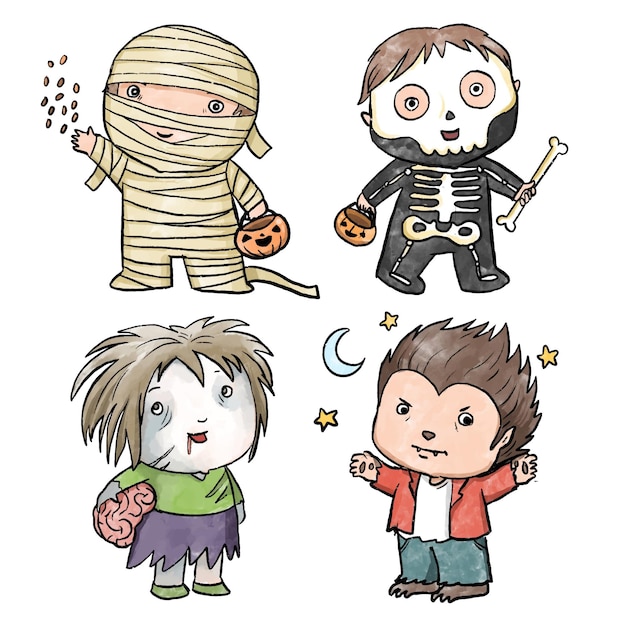Watercolor style halloween kid collection