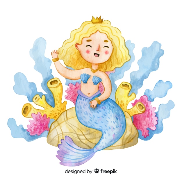 Watercolor style smiling mermaid character