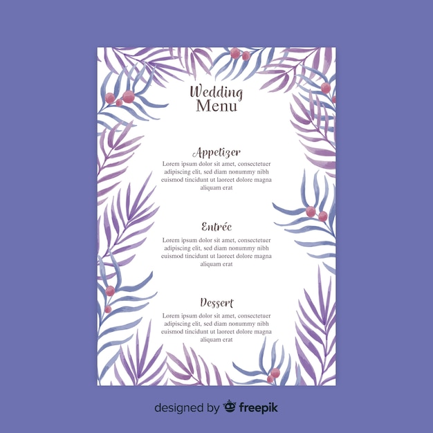 Watercolor style wedding menu template