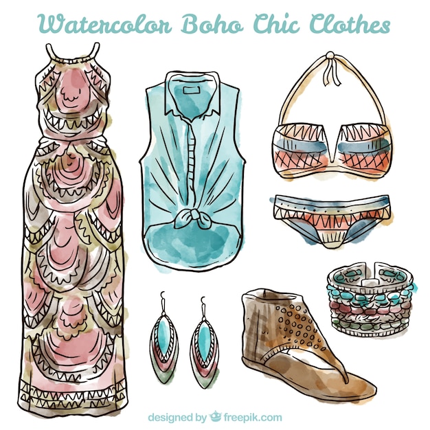 Free vector watercolor stylish boho clothes collection