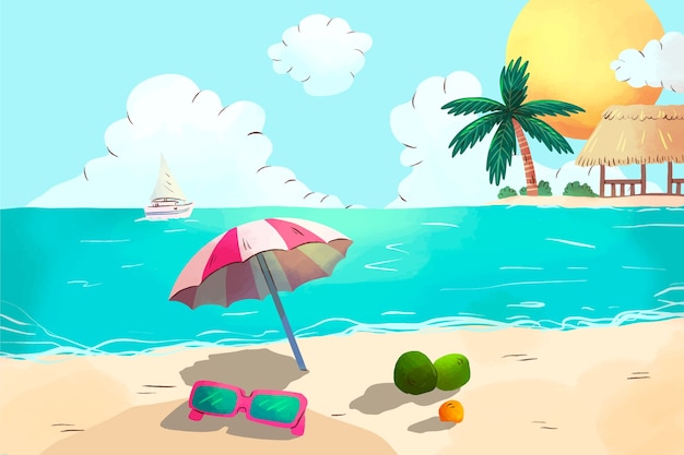 Watercolor summer background with beach