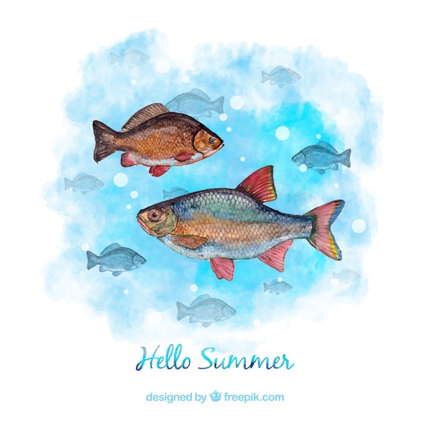 Free vector watercolor summer background with fishes