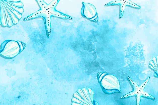 Watercolor summer background with starfish and shells