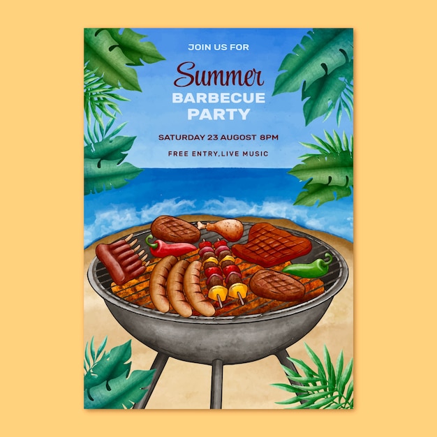 Free vector watercolor summer barbecue invitation template with grill and meats