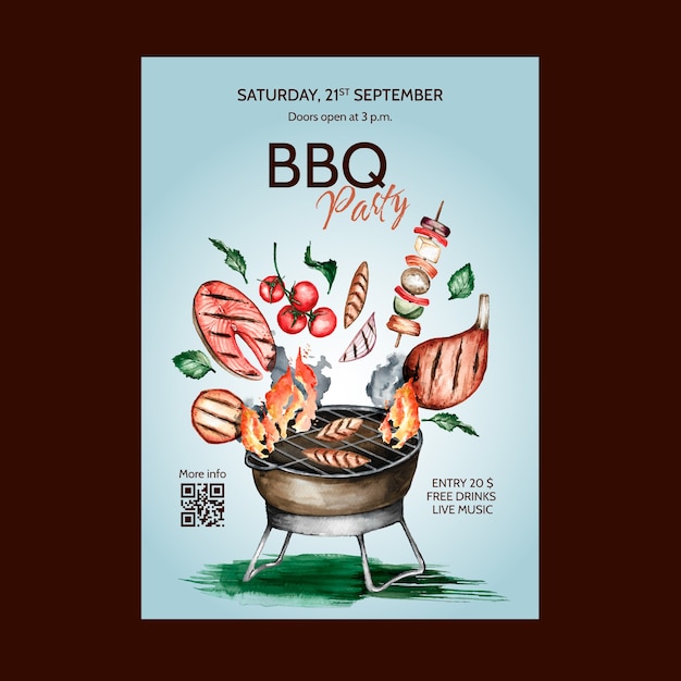 Modello di poster per barbecue estivo ad acquerello con cibo e griglia