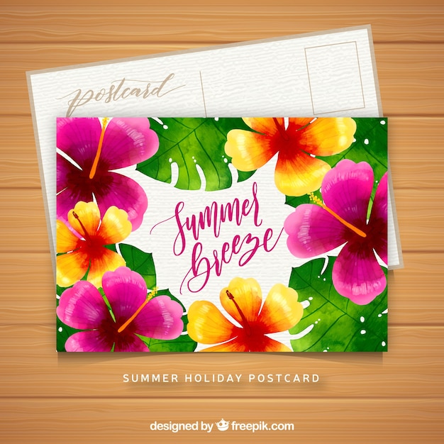 Watercolor summer card template with flowers