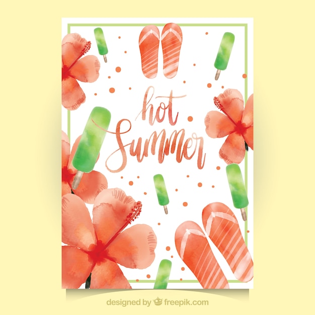 無料ベクター 花とフリップフロップのある水彩夏のカード