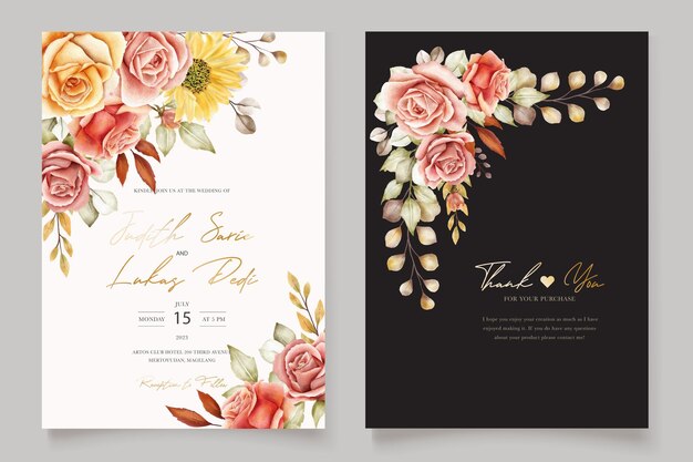 watercolor summer floral and leaves wedding invitation card set