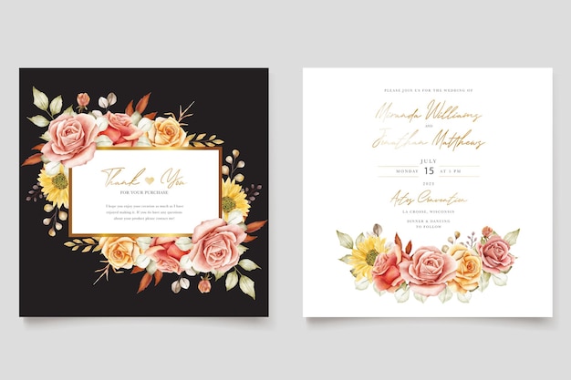 Watercolor summer floral and leaves wedding invitation card set