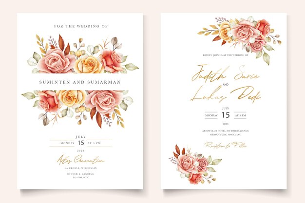 Watercolor summer floral and leaves wedding invitation card set