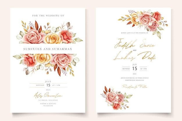 水彩画の夏の花と葉の結婚式の招待カードセット