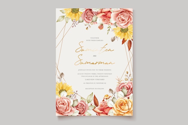 watercolor summer floral and leaves wedding invitation card