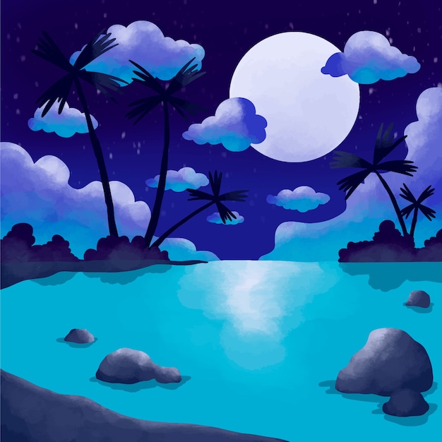 Free vector watercolor summer night illustration with beach