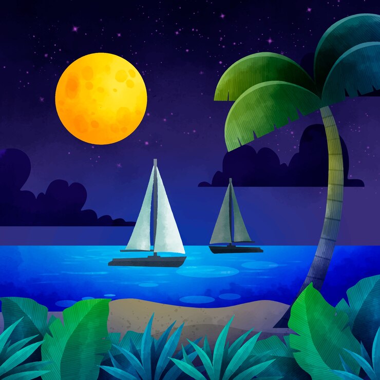 Free Vector watercolor summer night illustration with boats