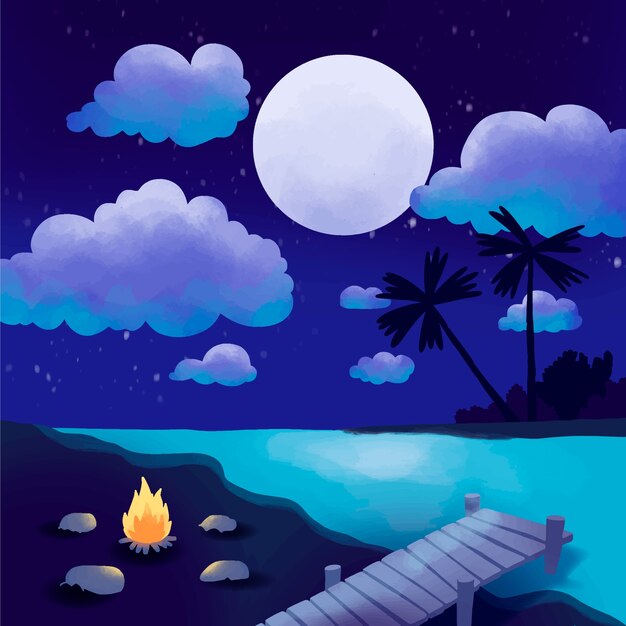 Акварель летняя ночь иллюстрация с огнем на пляже