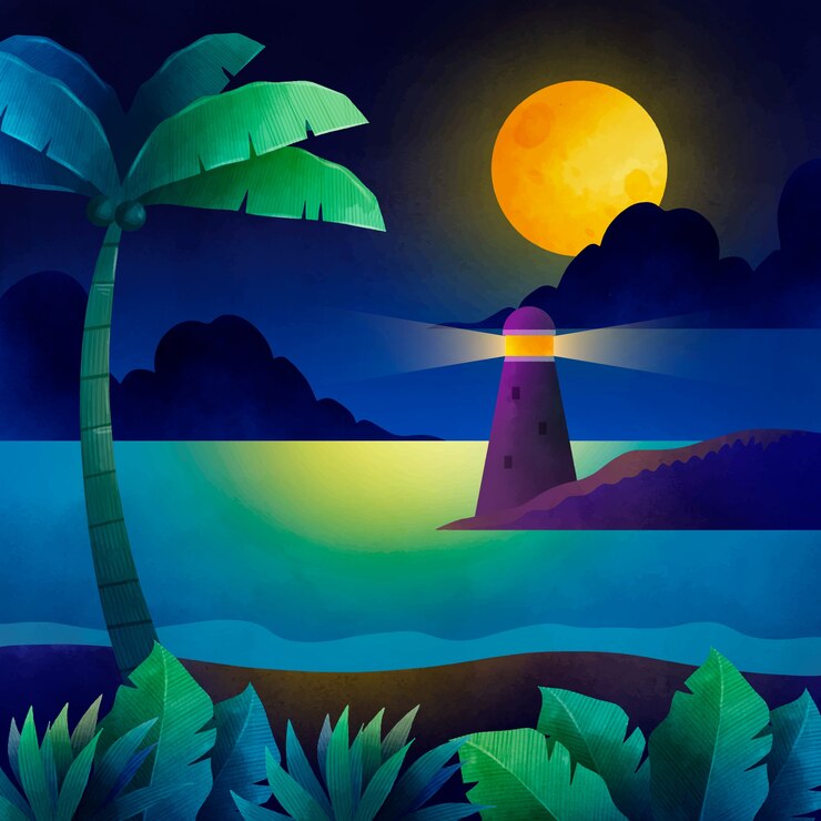 無料Vector 灯台と水彩の夏の夜のイラスト