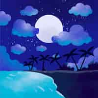 Бесплатное векторное изображение Акварель летняя ночь иллюстрация с пальмами под луной