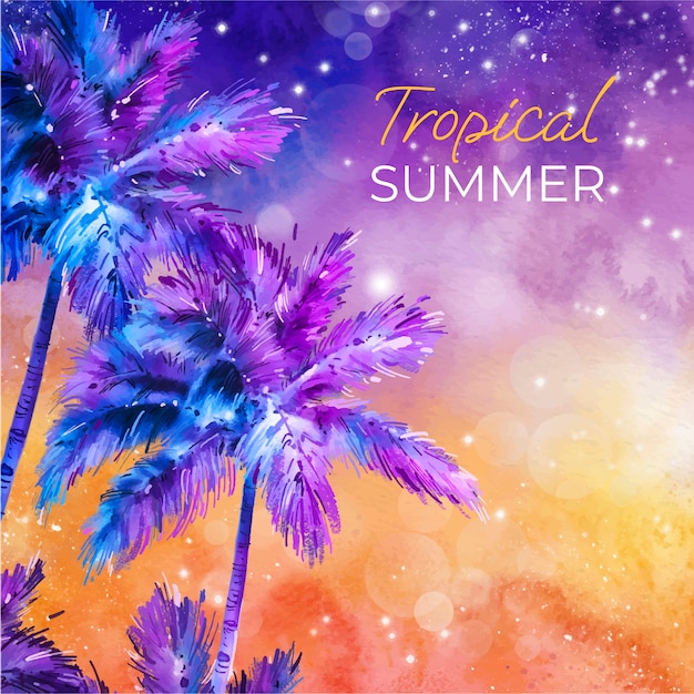 Free vector watercolor summer night illustration with palm trees