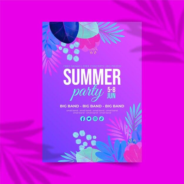 Watercolor summer night party poster template with vegetation