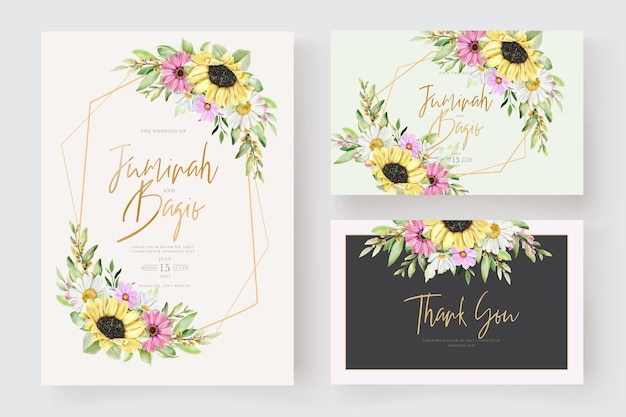 Watercolor sun flower and daisy invitation card set