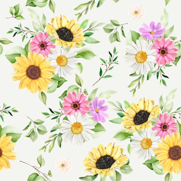 Watercolor Sun Flower And Daisy Seamless Pattern