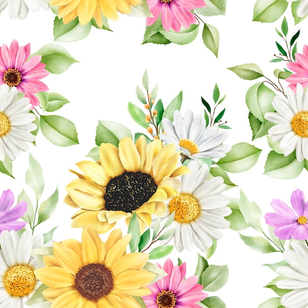 Watercolor sun flower and daisy seamless pattern