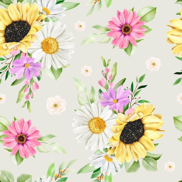 Watercolor Sun Flower And Daisy Seamless Pattern