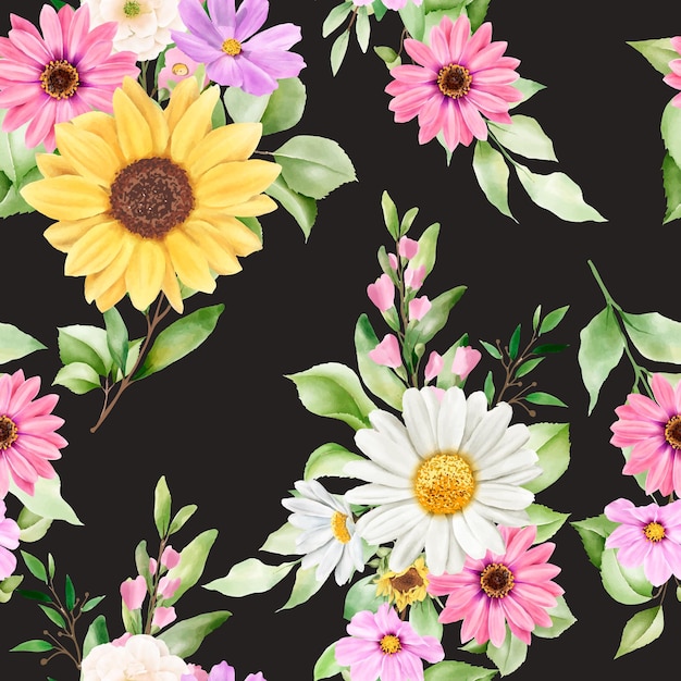 수채화 태양 꽃과 데이지 원활한 패턴