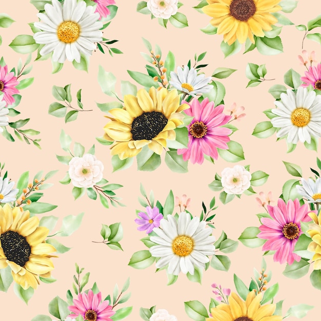 Watercolor sun flower and daisy seamless pattern