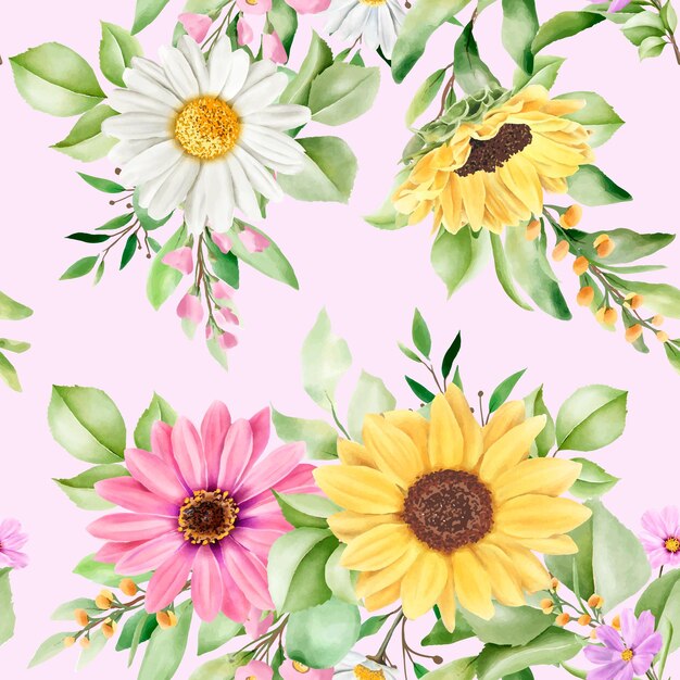 watercolor sun flower and daisy seamless pattern