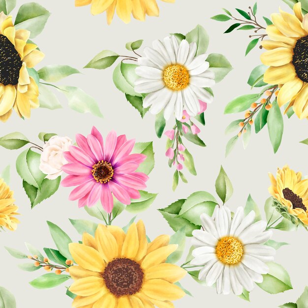 Watercolor sun flower and daisy seamless pattern