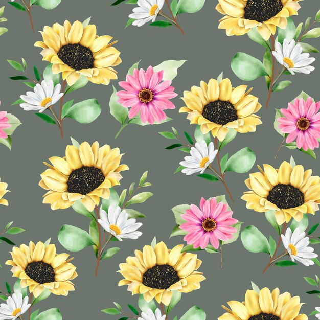 Free Vector watercolor sun flower and daisy seamless pattern
