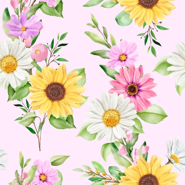 수채화 태양 꽃과 데이지 원활한 패턴