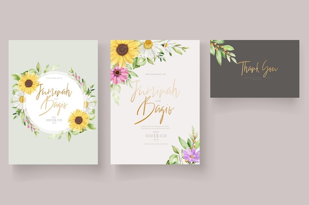 Free vector watercolor sun flower and daisy wedding invitation card set