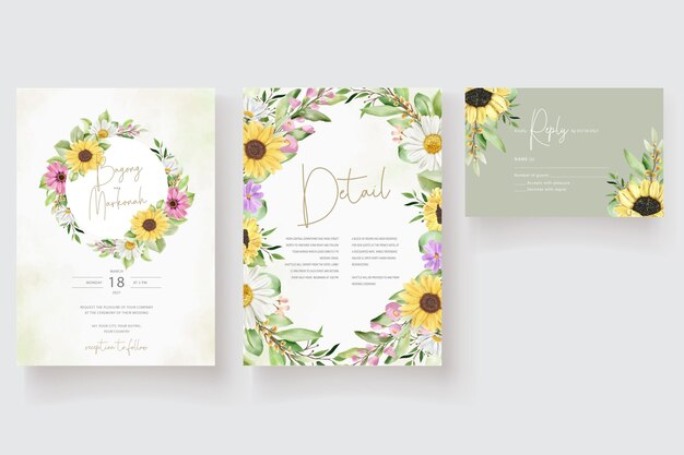 watercolor sun flower and daisy wedding invitation card set