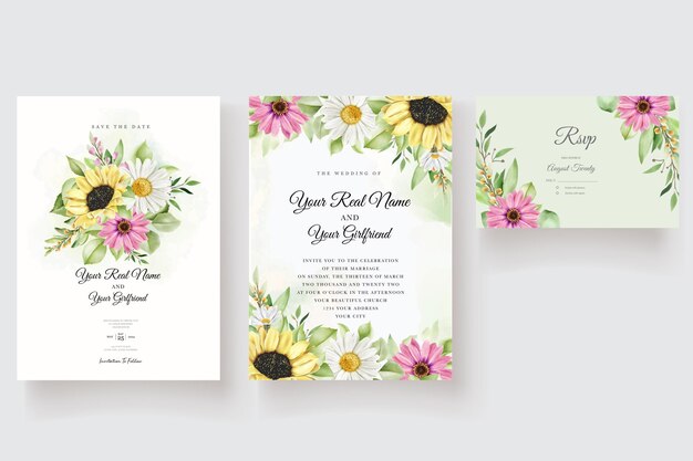 watercolor sun flower and daisy wedding invitation card set