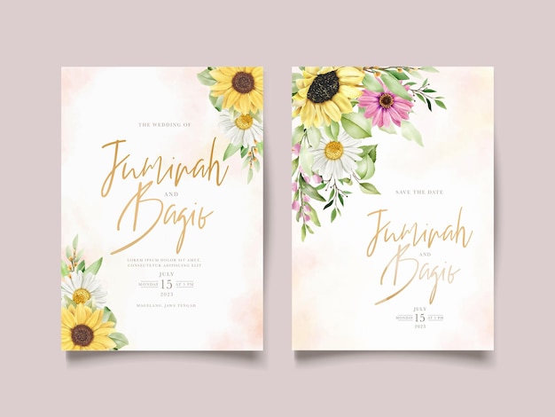 水彩の太陽の花とデイジーの結婚式の招待カードセット