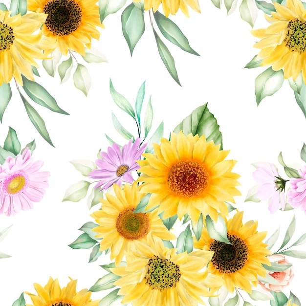 Free vector watercolor sun flower seamless pattern