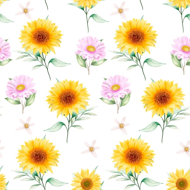Watercolor sun flower seamless pattern