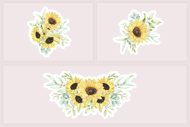 watercolor sunflower branches and bouquet illustration