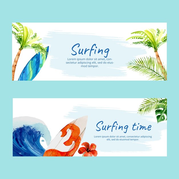 Watercolor surf banners with palm leaves and caravan