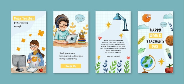 Free vector watercolor teachers' day instagram stories collection