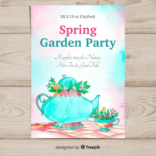 Free vector watercolor teapot spring party poster