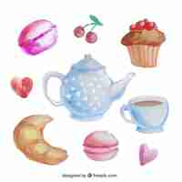 Free vector watercolor teapot and sweets