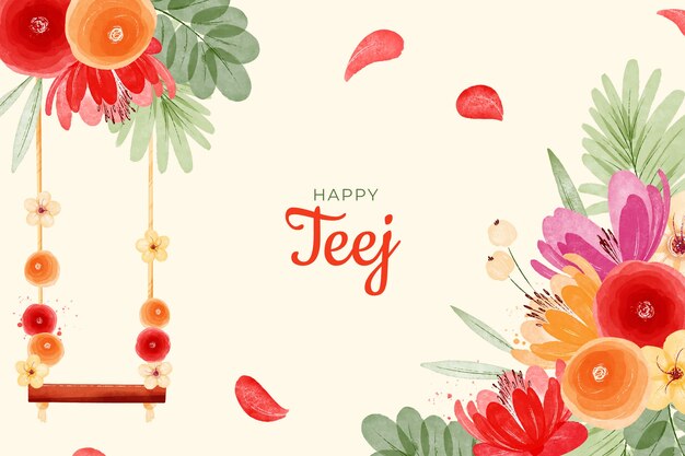 Watercolor teej background with flowers and swing