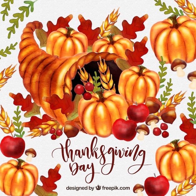 Free vector watercolor thanksgiving day background with pumpkins and leaves