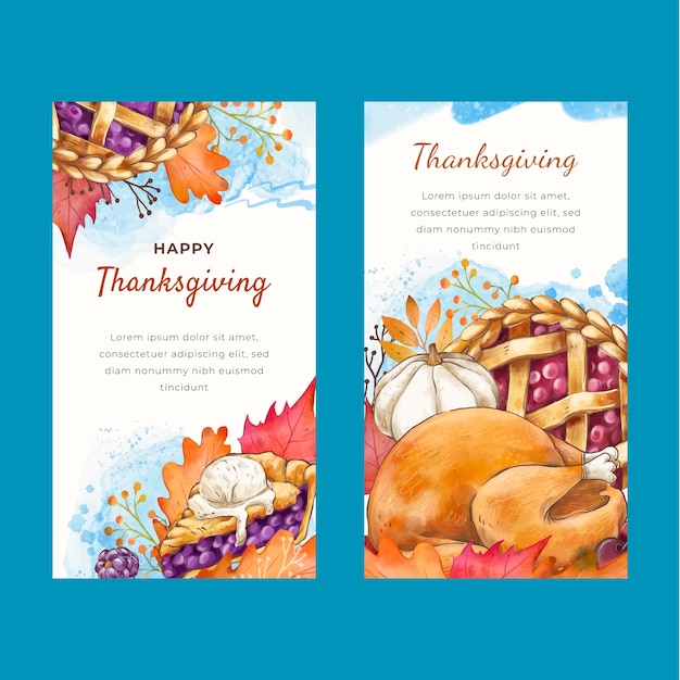 Free vector watercolor thanksgiving greeting cards set