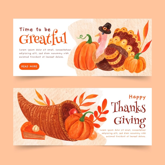 Free vector watercolor thanksgiving horizontal banners set